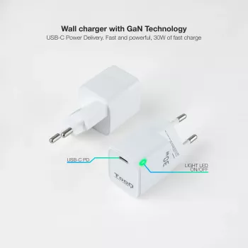 TooQ GAN cargador de pared USB-C/PD 30W, blanco, interior, AC, blanco