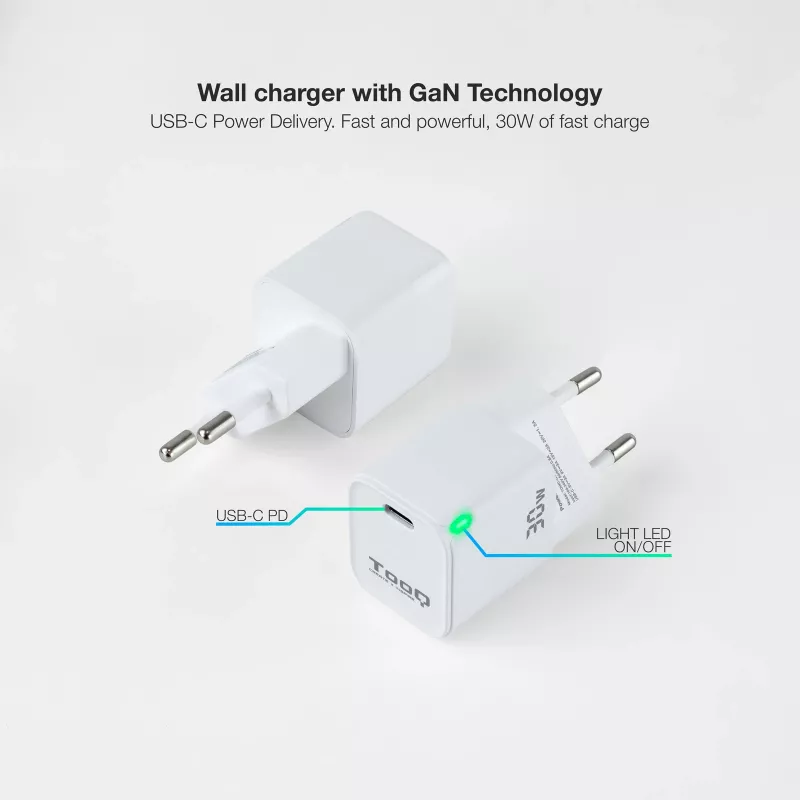 TooQ GAN cargador de pared USB-C/PD 30W, blanco, interior, AC, blanco