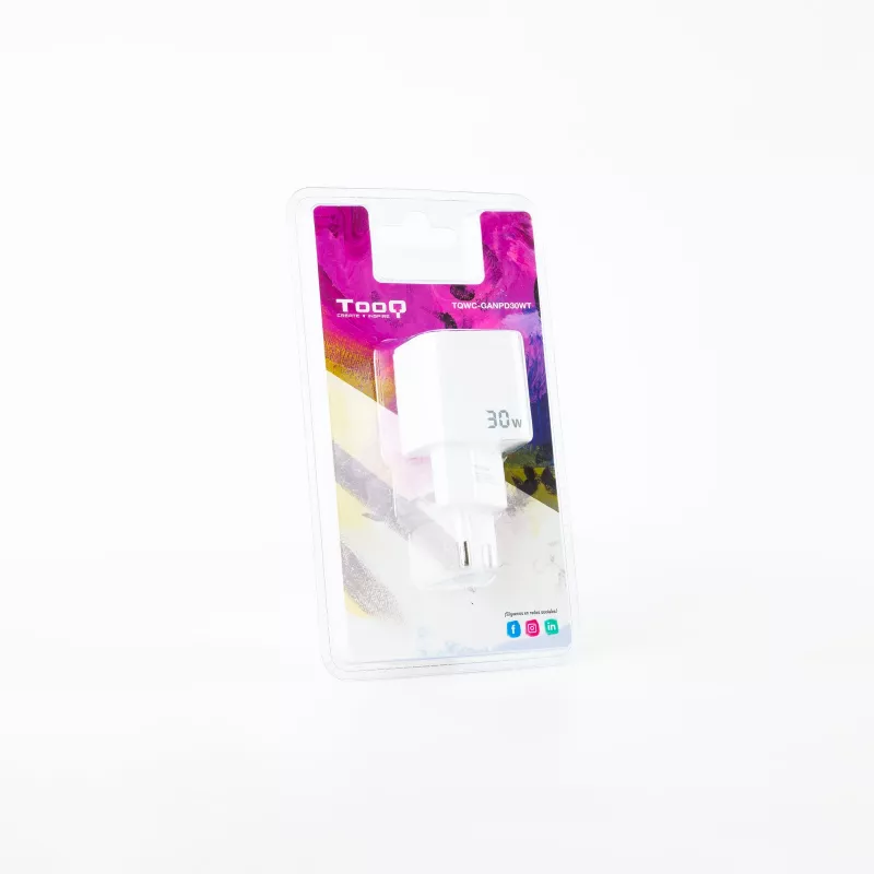 TooQ GAN cargador de pared USB-C/PD 30W, blanco, interior, AC, blanco