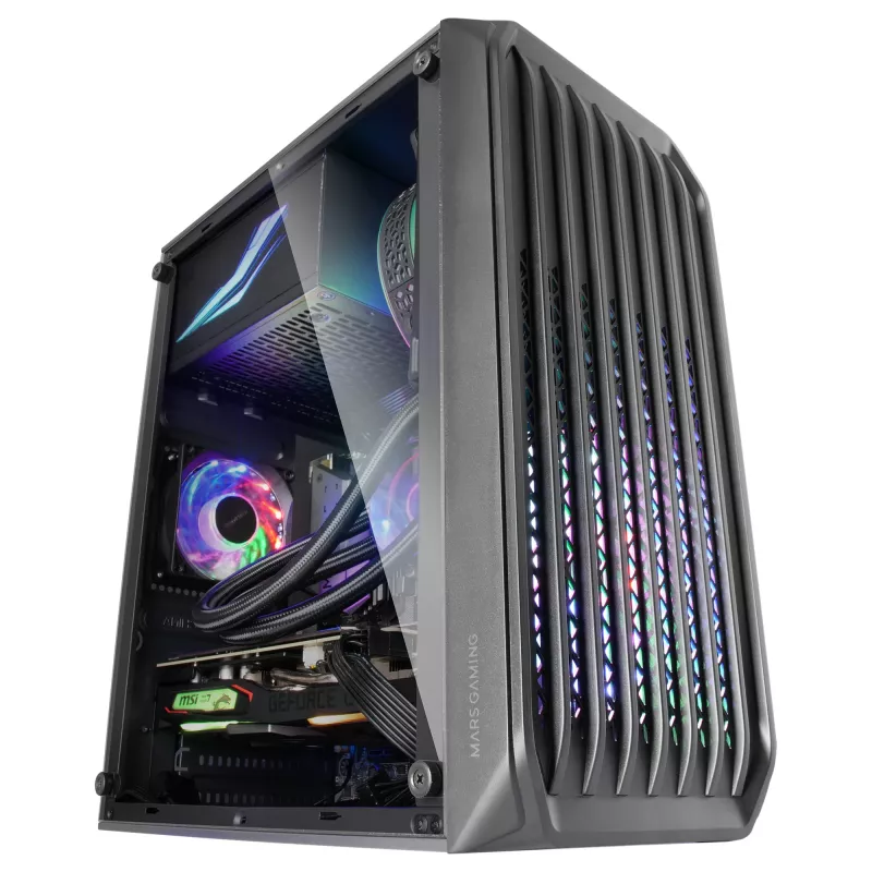 Mars Gaming MC-S2 Carcasa de PC gaming micro-ATX compacta negra con 2 ventiladores FRGB arcoíris, rejilla frontal y ventana lateral continua