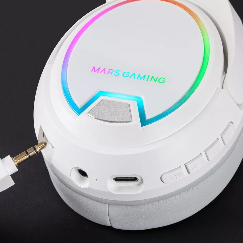 Mars Gaming MHW-100 Blanco Auriculares inalámbricos ARGB Flow con micrófono ENC desmontable, ultraligeros, cancelación activa ENC + pasiva de ruido, compatibilidad universal