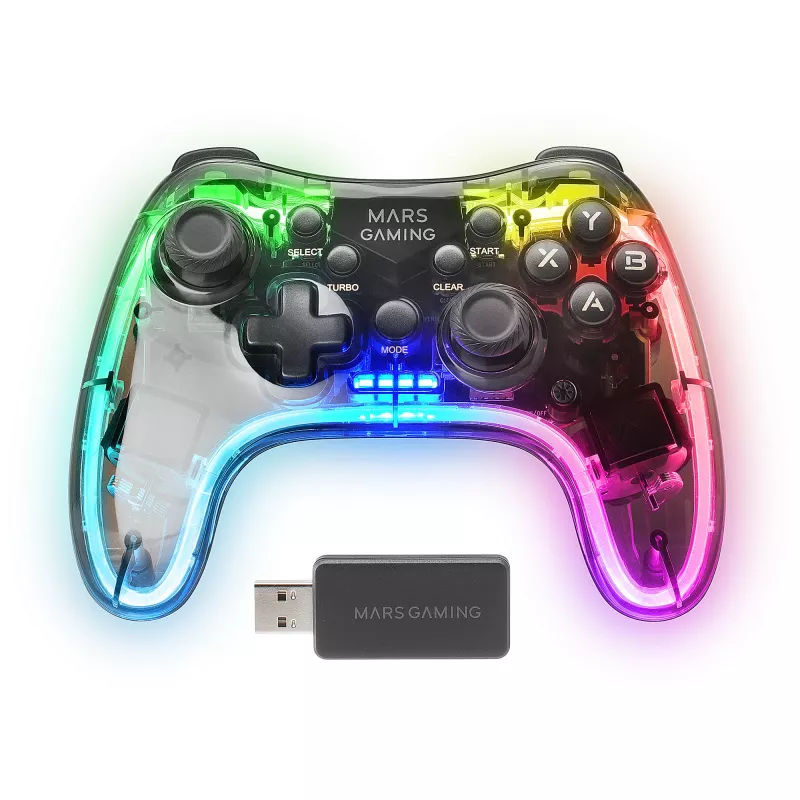 Mars Gaming MGP-24 Mando inalámbrico 2.4GPRO Neon RGB, doble vibración háptica, joysticks analógicos, control para PC PS3 PS4 XBOX360 Raspberry Pi Mac Android
