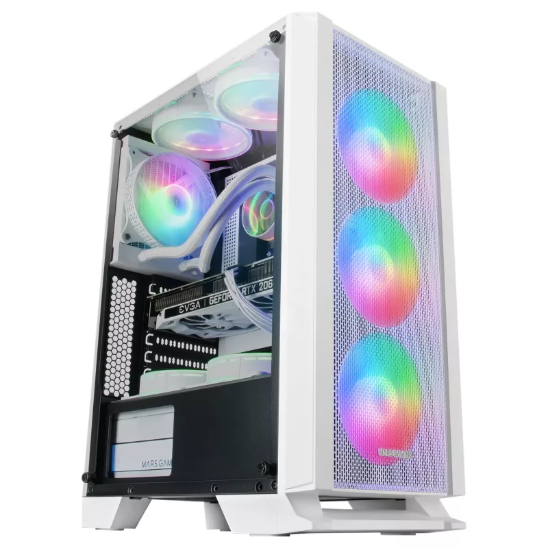 Mars Gaming MC-C Blanco Carcasa de PC ATX con panel frontal de malla metálica, ventana de cristal templado, 3 ventiladores FRGB frontales de 120 mm