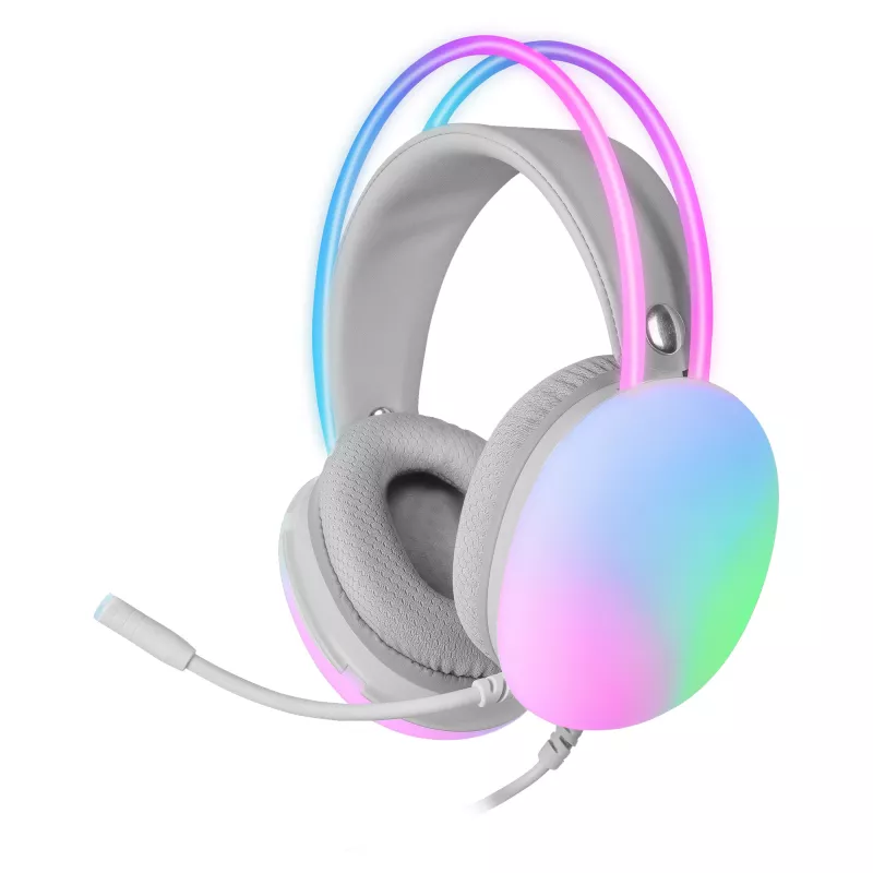 Mars Gaming MH-GLOW Blanco Auriculares 360° Full Chroma RGB Flow con micrófono con cancelación de ruido, diseño ultraligero, almohadillas de espuma viscoelástica, compatibilidad universal