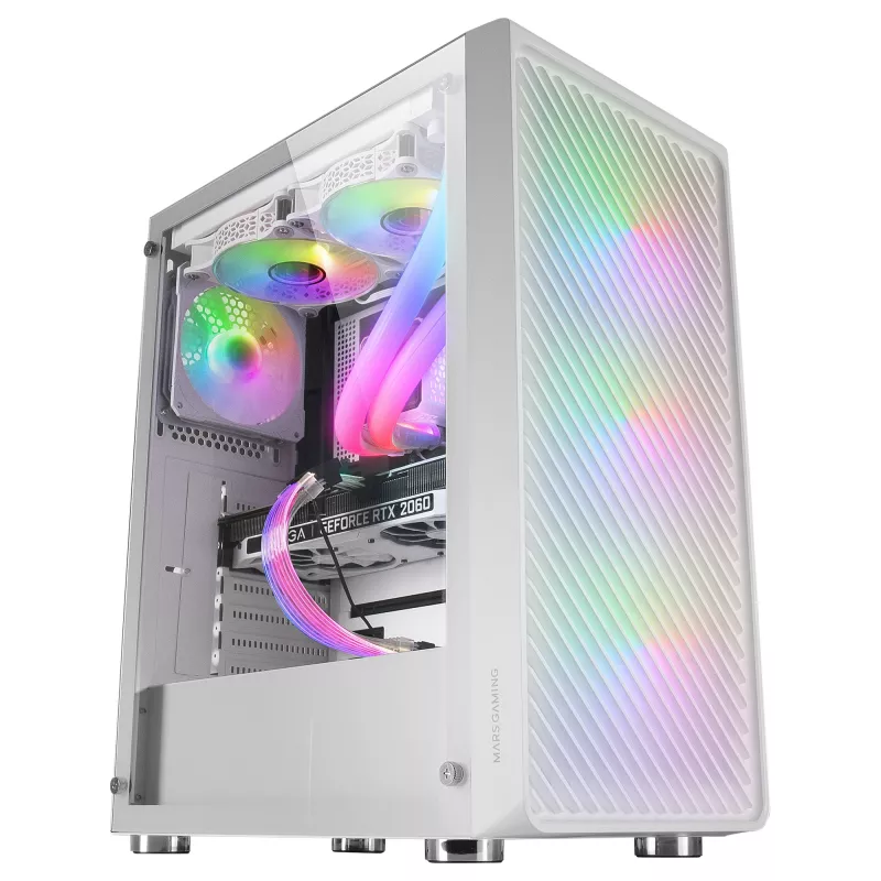 Mars Gaming MC-F White, semitorre gaming ATX, ventana de cristal templado, frontal de malla metálica, 4 ventiladores ARGB de 120 mm