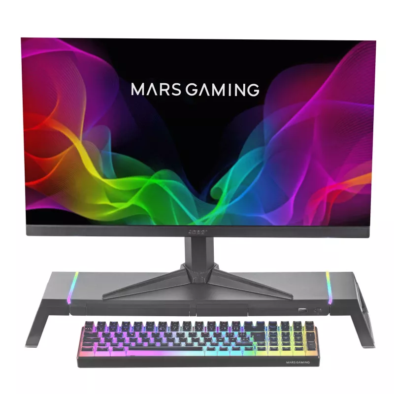 Mars Gaming MGS-ONE Negro Soporte para monitor Chroma RGB con tamaño ajustable, soporte para smartphone y tablet, USB 2.0 frontal