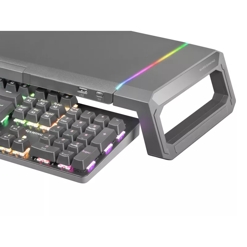 Mars Gaming MGS-ONE Negro Soporte para monitor Chroma RGB con tamaño ajustable, soporte para smartphone y tablet, USB 2.0 frontal