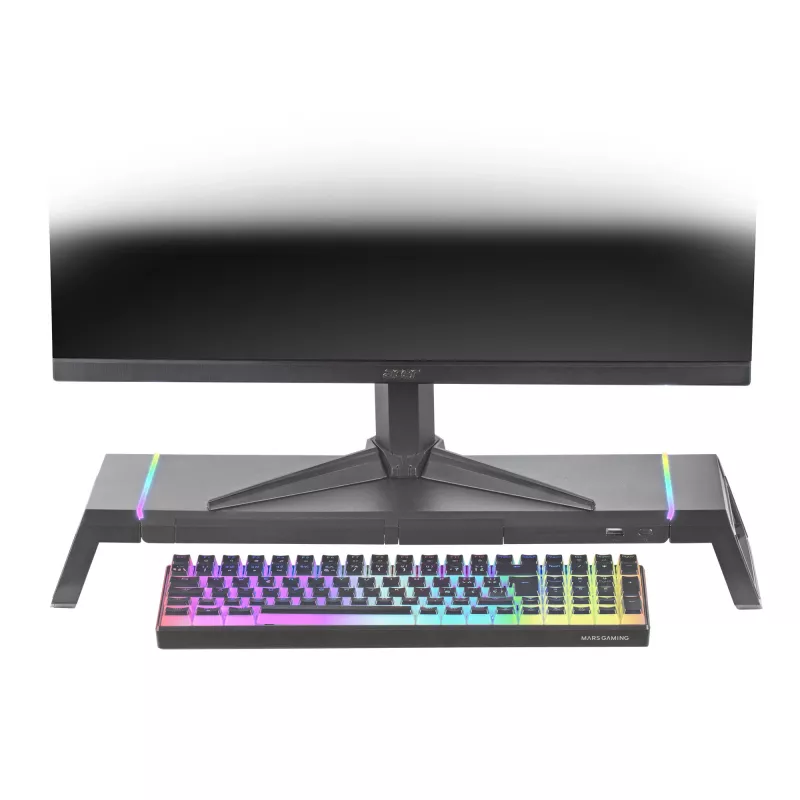 Mars Gaming MGS-ONE Negro Soporte para monitor Chroma RGB con tamaño ajustable, soporte para smartphone y tablet, USB 2.0 frontal