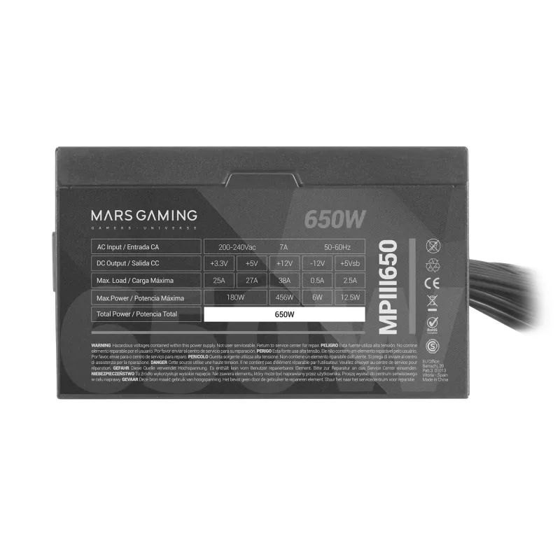 Mars Gaming MPIII650 fuente de alimentación PC ATX 650W 5 años de garantía silenciosa tecnología AI-RPM 85% de eficiencia negro