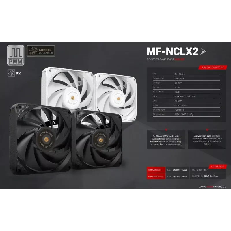 Mars Gaming MF-NCLX2W Ventilador para carcasa de ordenador 12 cm blanco 2 uds.