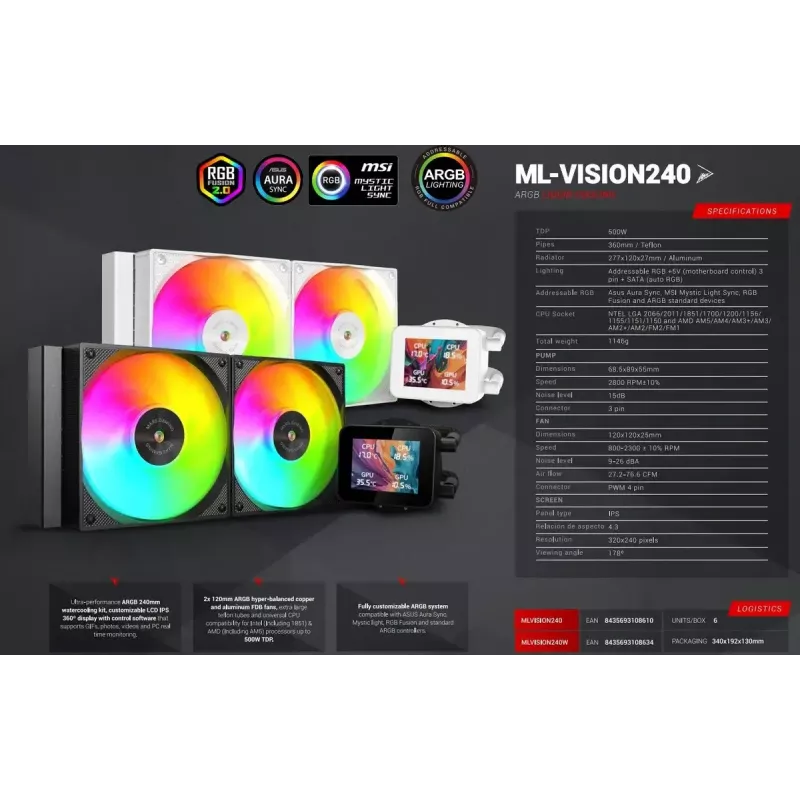 Mars Gaming MLVISION240 Sistema de refrigeración para ordenador refrigeración líquida todo en uno para procesador 12 cm negro
