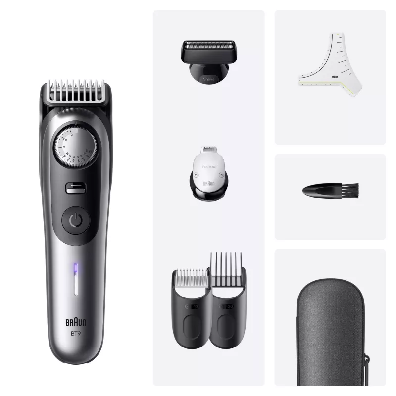 Recortadora de barba BRAUN BeardTrimmer 9 80789785, 20 niveles de longitud, 0,5–20 mm, funcionamiento con red/batería, húmedo y seco, gris