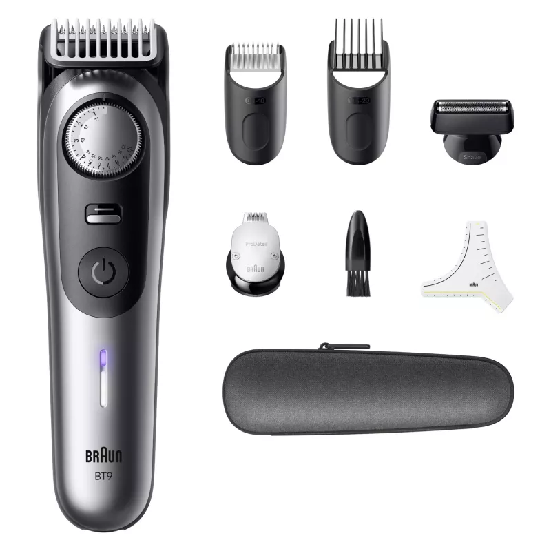 Recortadora de barba BRAUN BeardTrimmer 9 80789785, 20 niveles de longitud, 0,5–20 mm, funcionamiento con red/batería, húmedo y seco, gris
