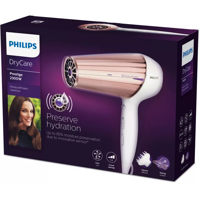 Secador de pelo Philips MoistureProtect Sensor HP8280/00 — 2300 W, motor DC, 6 velocidades, iónico, golpe de aire frío, morado/blanco