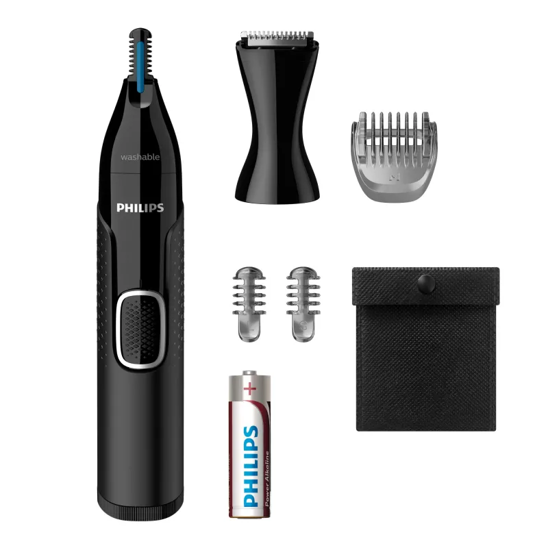 Recortador de pelo de la nariz Philips 5000 NT5650/16 – a pilas, AA, resistente al agua, cuchillas de acero inoxidable, 3 peines de recorte, estuche de viaje