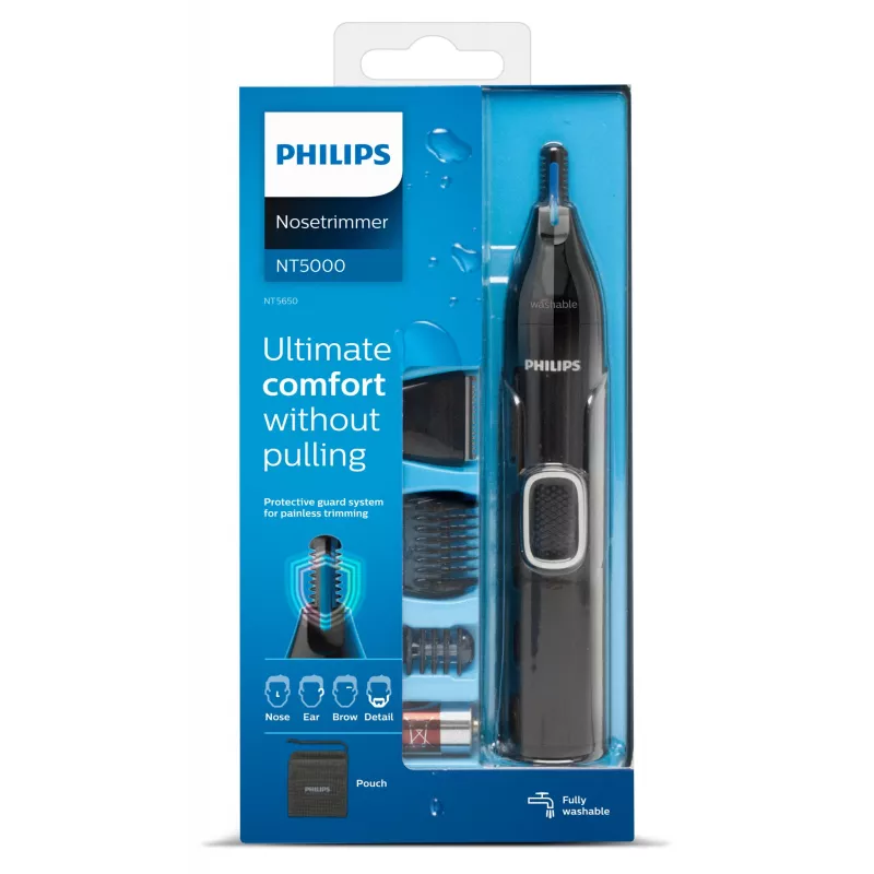 Recortador de pelo de la nariz Philips 5000 NT5650/16 – a pilas, AA, resistente al agua, cuchillas de acero inoxidable, 3 peines de recorte, estuche de viaje