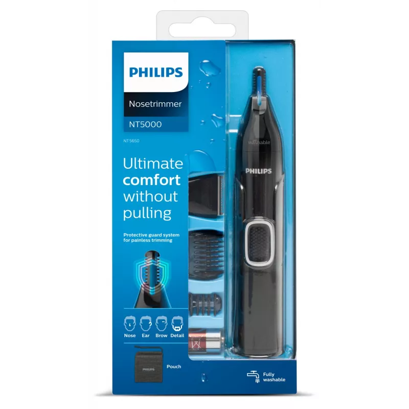 Recortador de pelo de la nariz Philips 5000 NT5650/16 – a pilas, AA, resistente al agua, cuchillas de acero inoxidable, 3 peines de recorte, estuche de viaje