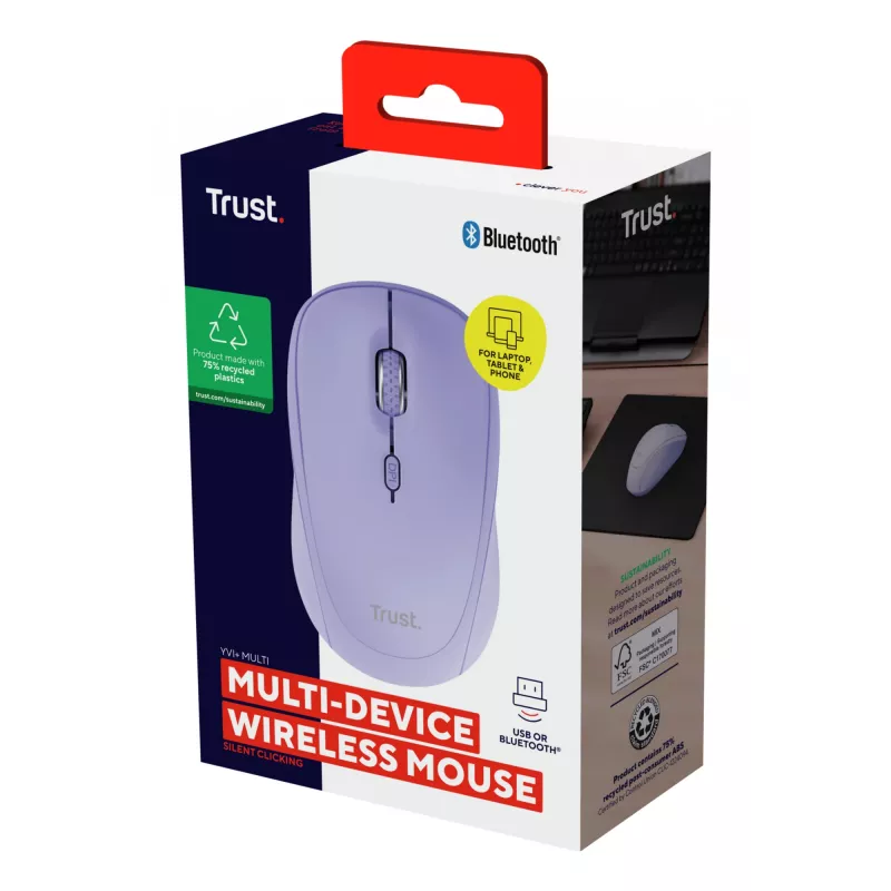 Trust Yvi+ Ratón Universal Ambidiestro RF Wireless + Bluetooth Óptico 1600 DPI