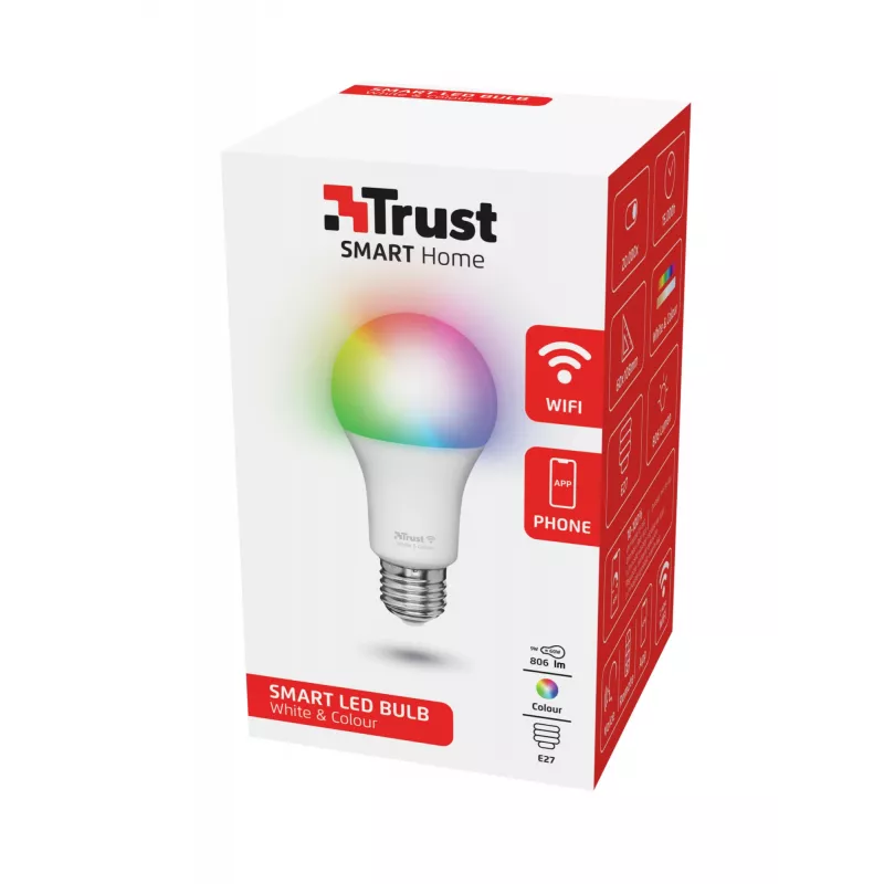 Bombilla inteligente TRUST 71281 — Wi‑Fi, casquillo E27, blanca, 60×60×108 mm