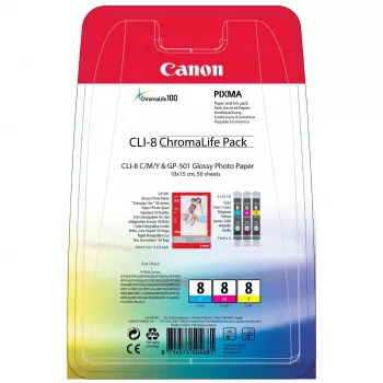 Pack de cartuchos de tinta Canon CLI-8 Chromalife 3 uds. Original cian, magenta, amarillo