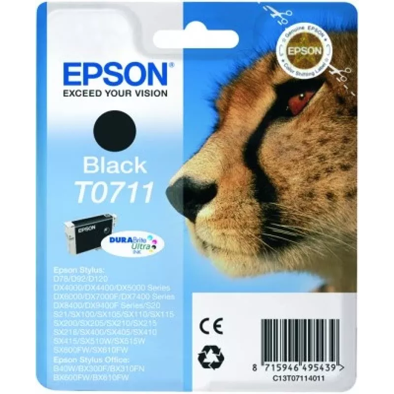 Tinta Epson Cheetah pack individual negro T0711 DURABrite Ultra, negro, tinta pigmentada, 1 ud.