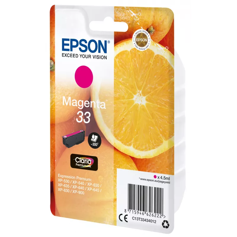 Epson Oranges pack individual magenta 33 Claria Premium Ink, magenta, tinta pigmentada, 4.5 ml, 1 ud., 300 páginas