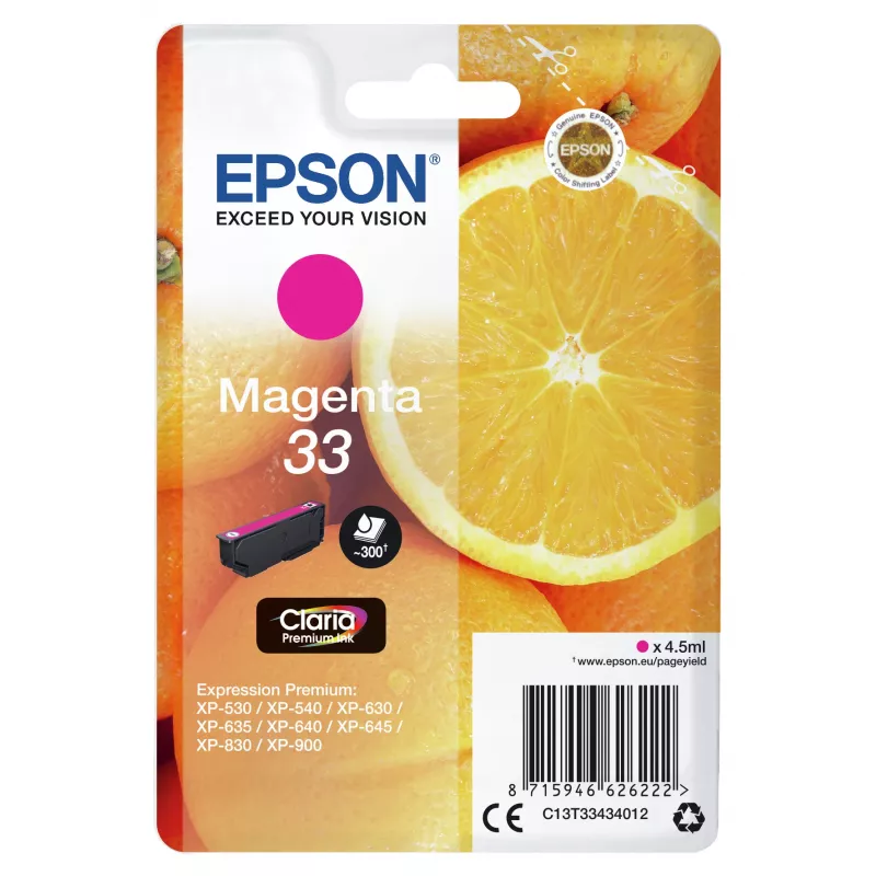 Epson Oranges pack individual magenta 33 Claria Premium Ink, magenta, tinta pigmentada, 4.5 ml, 1 ud., 300 páginas