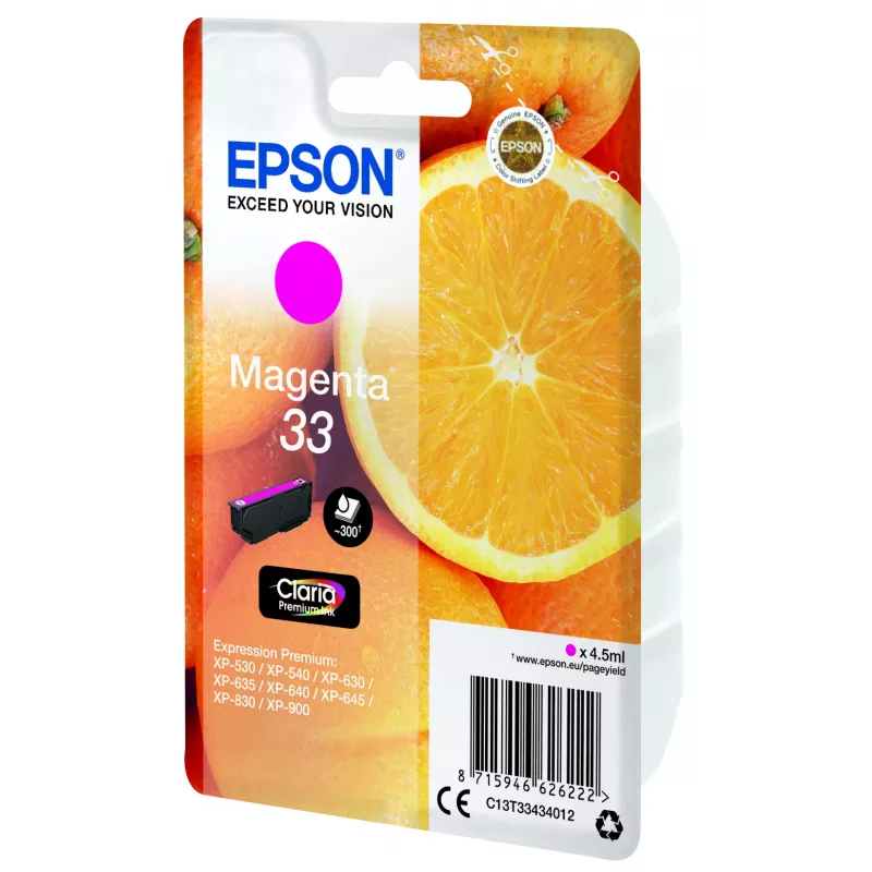 Epson Oranges pack individual magenta 33 Claria Premium Ink, magenta, tinta pigmentada, 4.5 ml, 1 ud., 300 páginas