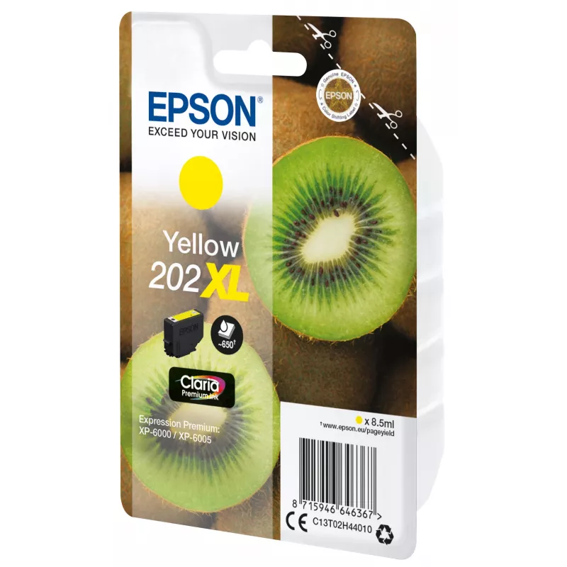 Epson Kiwi pack individual amarillo 202XL tinta , alto rendimiento (XL), amarillo, tinta pigmentada, 8,5 ml, 1 ud., 650 páginas