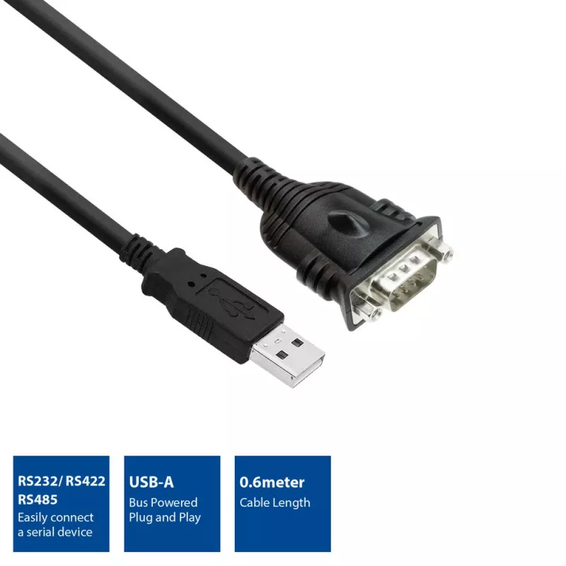ACT adaptador USB a serie 0,6 m, negro, 0,6 m, USB Type-A, DB-9, conector macho, conector macho