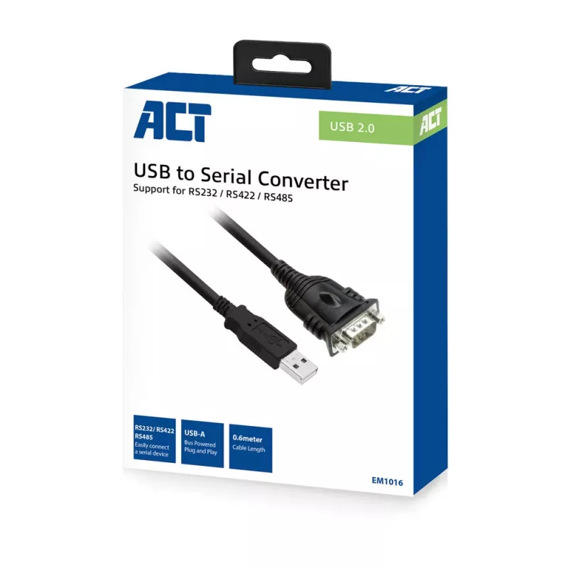 ACT adaptador USB a serie 0,6 m, negro, 0,6 m, USB Type-A, DB-9, conector macho, conector macho