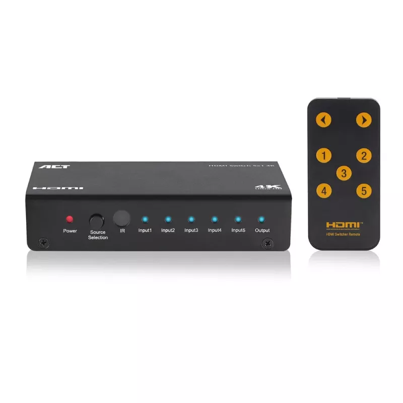 Switch HDMI ACT 5x 1, compatible con 3D y 4K, HDMI, negro, 60 Hz, 2160p, indicador de funcionamiento, 203 mm