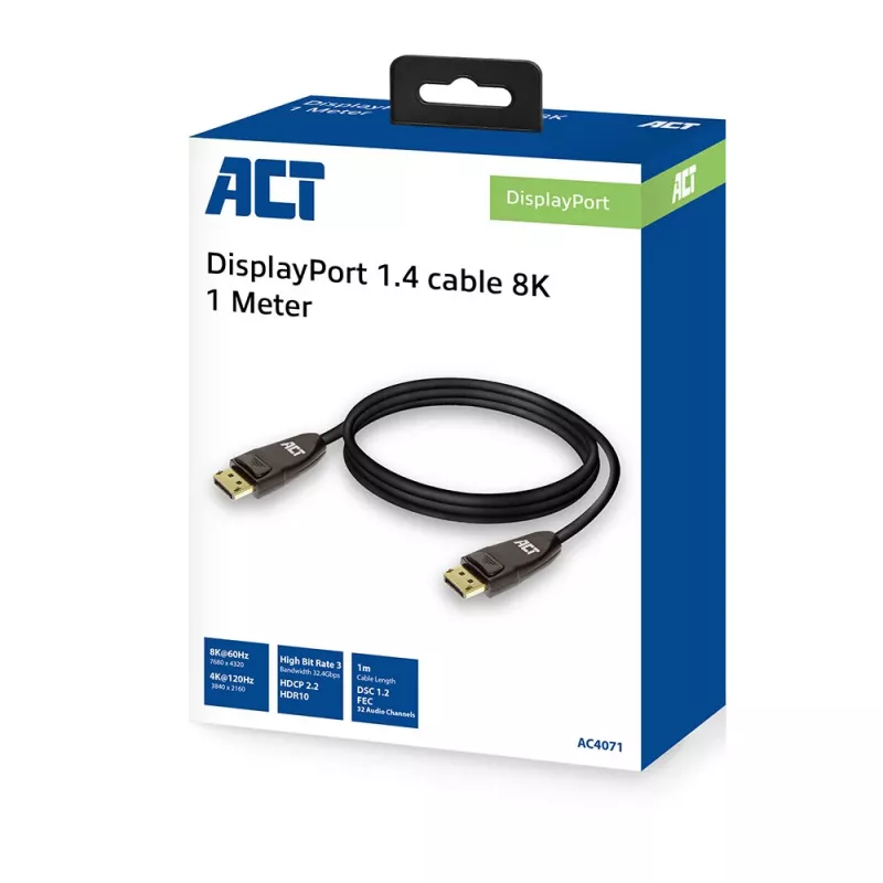 Cable DisplayPort 1.4 ACT 8K, 1m, 1 m, DisplayPort, DisplayPort, conector macho, conector macho, negro