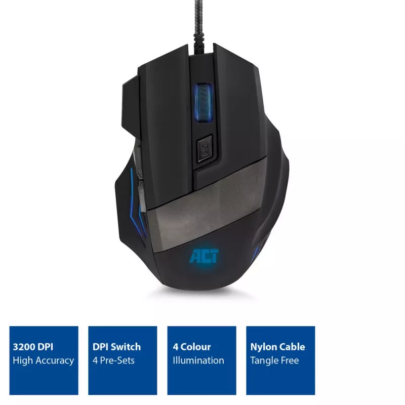 Ratón gaming ACT con cable y iluminación 3200 dpi