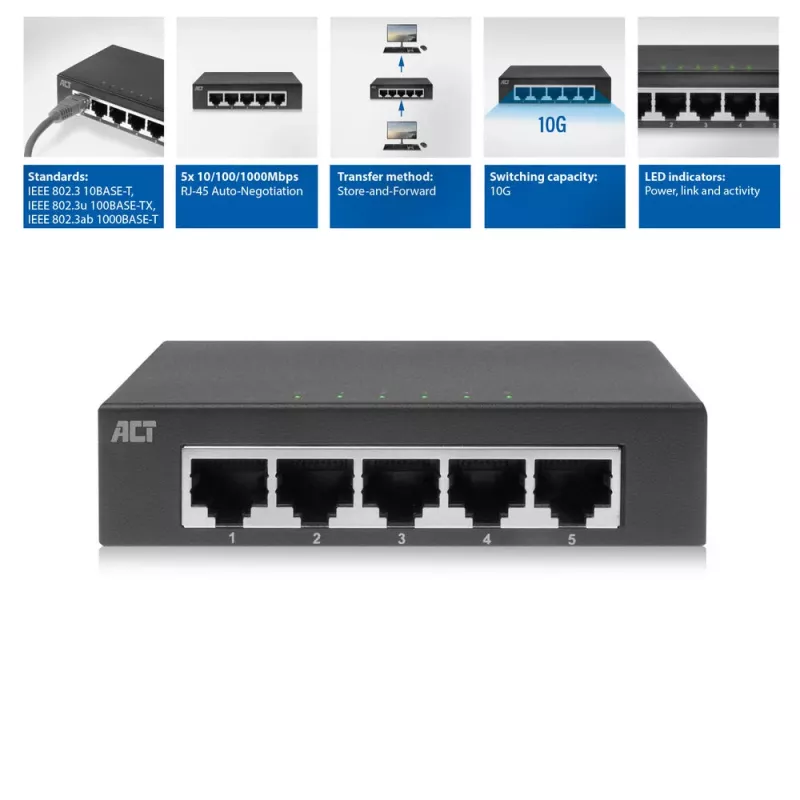 Switch no gestionado ACT AC4415 Gigabit Ethernet 5 puertos 10 Gbit/s