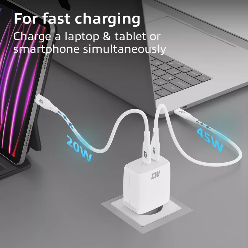 Cargador USB-C ACT 65W 2 puertos con Power Delivery PPS y GaNFast