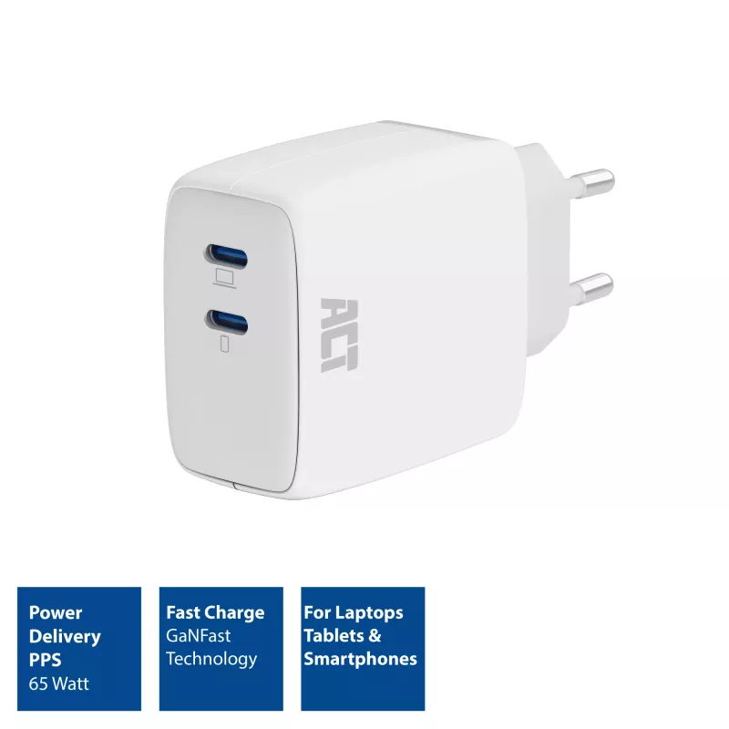 Cargador USB-C ACT 65W 2 puertos con Power Delivery PPS y GaNFast