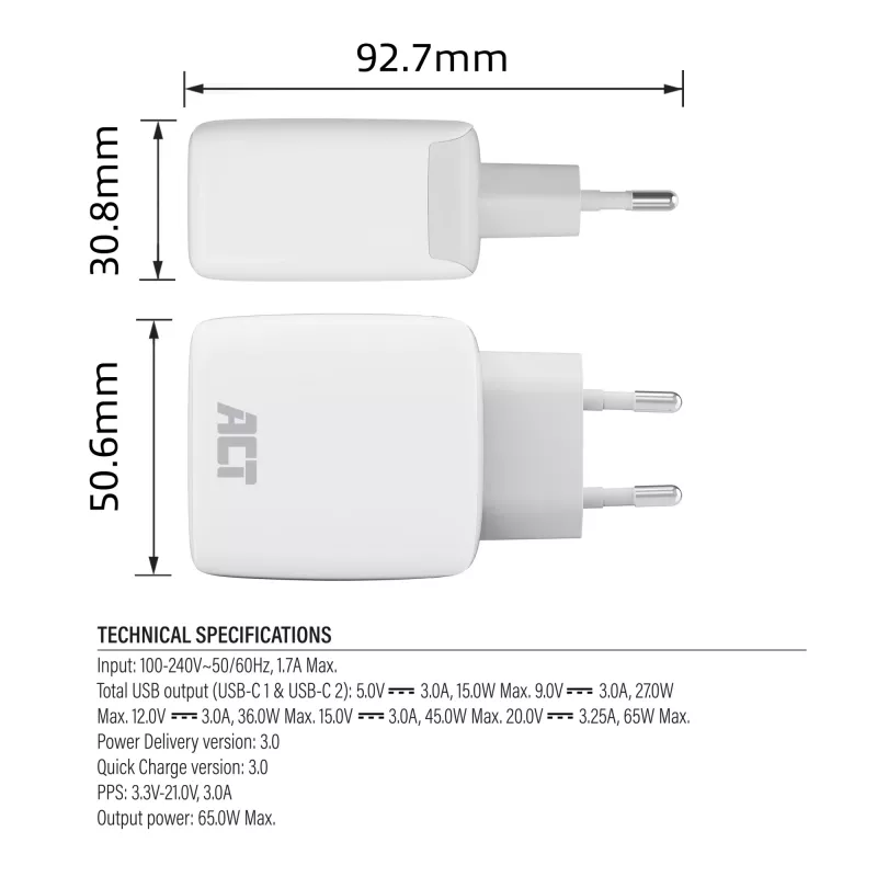 Cargador USB-C ACT 65W 2 puertos con Power Delivery PPS y GaNFast