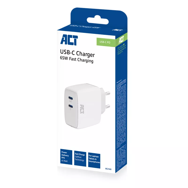 Cargador USB-C ACT 65W 2 puertos con Power Delivery PPS y GaNFast