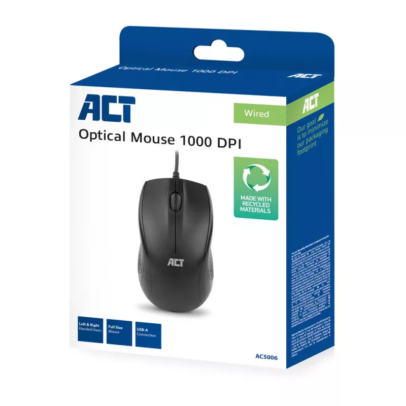 Ratón óptico con cable ACT de tamaño completo, 1000 DPI, clic silencioso, ecológico, fabricado con materiales reciclados