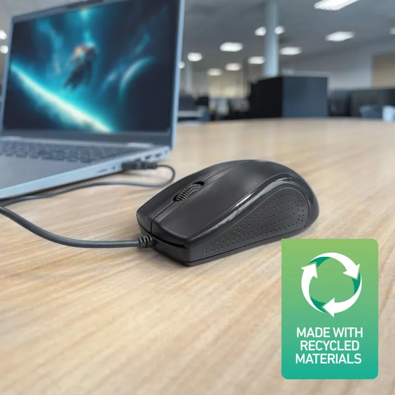 Ratón óptico con cable ACT de tamaño completo, 1000 DPI, clic silencioso, ecológico, fabricado con materiales reciclados