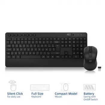 Conjunto de teclado y ratón inalámbricos ACT (Azerty), clic silencioso, ecológico, fabricado con materiales reciclados