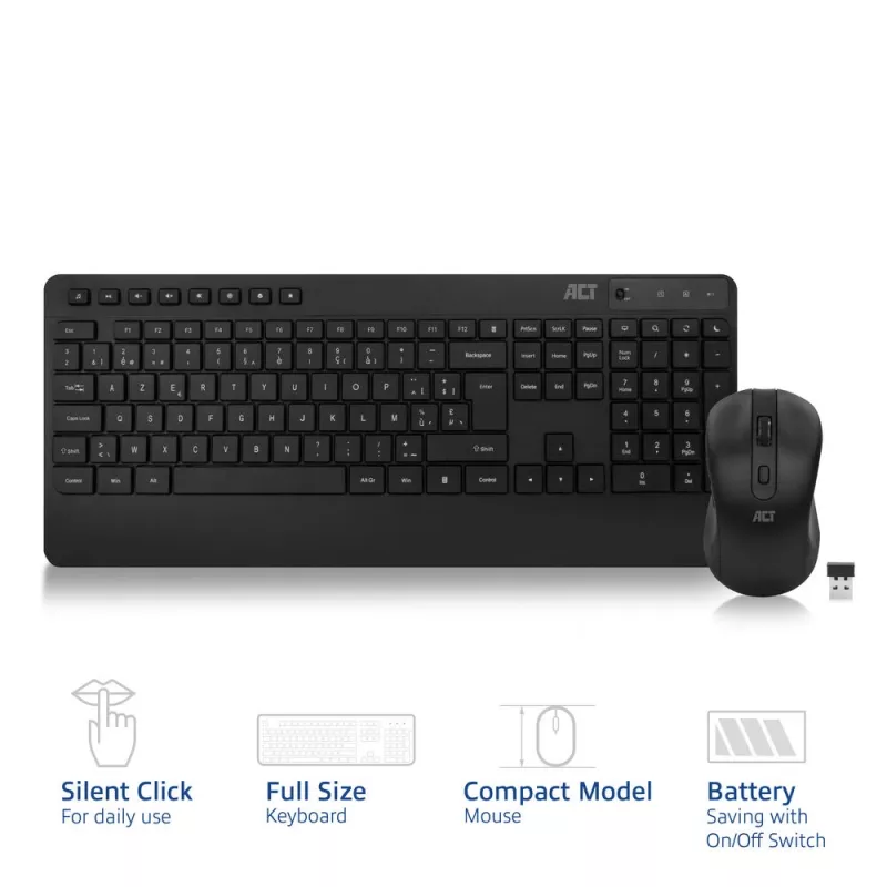 Conjunto de teclado y ratón inalámbricos ACT (Azerty), clic silencioso, ecológico, fabricado con materiales reciclados