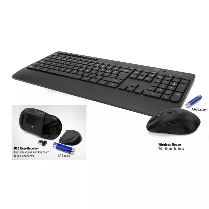Conjunto de teclado y ratón inalámbricos ACT (Azerty), clic silencioso, ecológico, fabricado con materiales reciclados