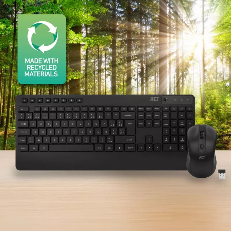 Conjunto de teclado y ratón inalámbricos ACT (Azerty), clic silencioso, ecológico, fabricado con materiales reciclados