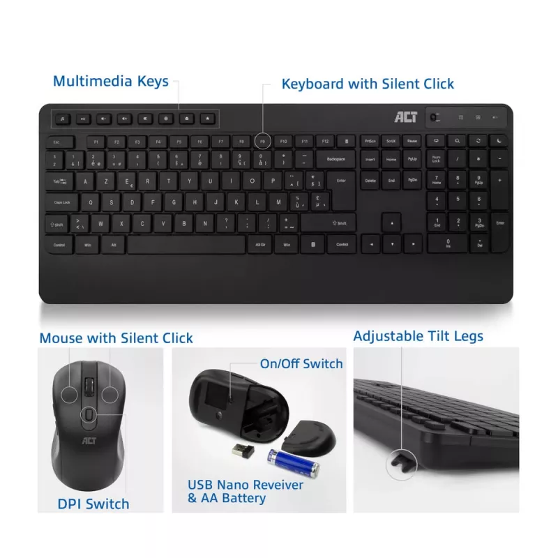 Conjunto de teclado y ratón inalámbricos ACT (Azerty), clic silencioso, ecológico, fabricado con materiales reciclados