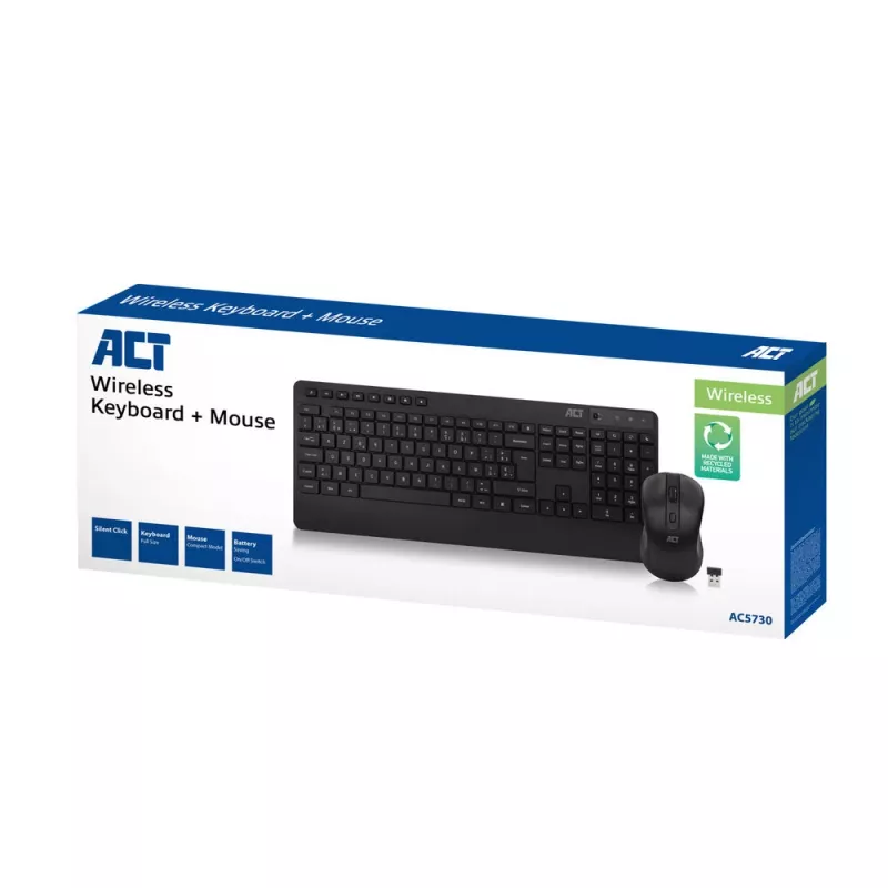 Conjunto de teclado y ratón inalámbricos ACT (Azerty), clic silencioso, ecológico, fabricado con materiales reciclados