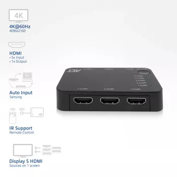 Switch HDMI ACT 4K 5 entradas, 1 salida, HDMI, negro, 2160p, 18 Gbit/s, 4096 x 2160 píxeles, 4K Ultra HD