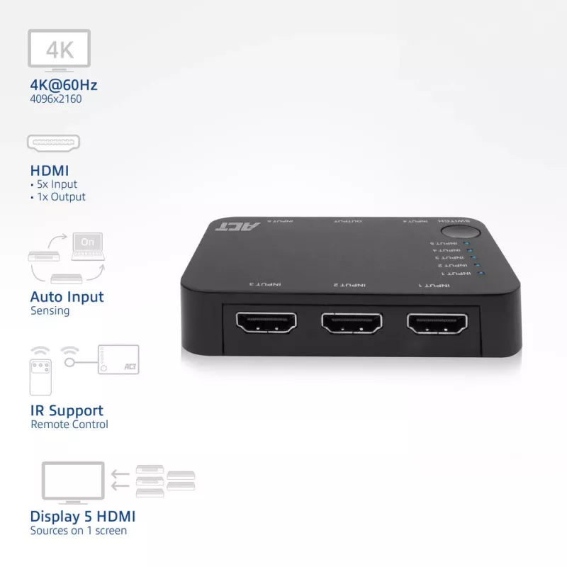 Switch HDMI ACT 4K 5 entradas, 1 salida, HDMI, negro, 2160p, 18 Gbit/s, 4096 x 2160 píxeles, 4K Ultra HD