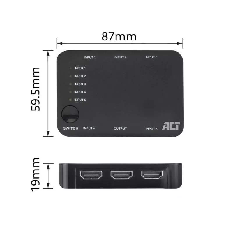 Switch HDMI ACT 4K 5 entradas, 1 salida, HDMI, negro, 2160p, 18 Gbit/s, 4096 x 2160 píxeles, 4K Ultra HD